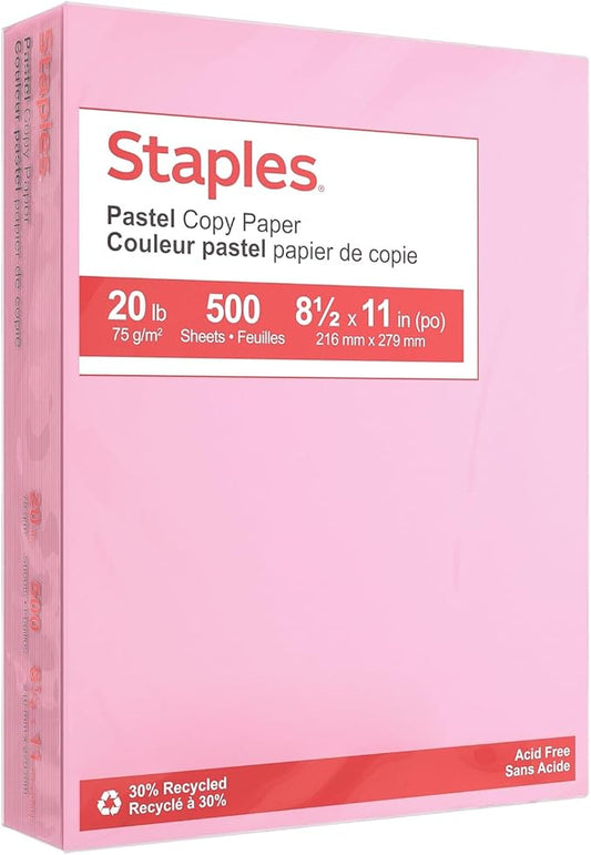 Staples Pastel Colored Copy Paper - 20 lbs, Pink, 8.5" x 11", Ream of 500 Sheets, Recycled, Acid-Free, Multipurpose Paper
