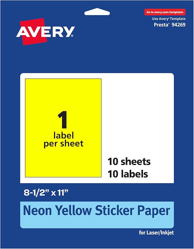 Avery Printable Sticker Paper, 8-1/2" x 11", Full-Sheet Labels, Neon Yellow Labels, Laser/Inkjet Printable, 10 Total, Great for Packaging and Stickers