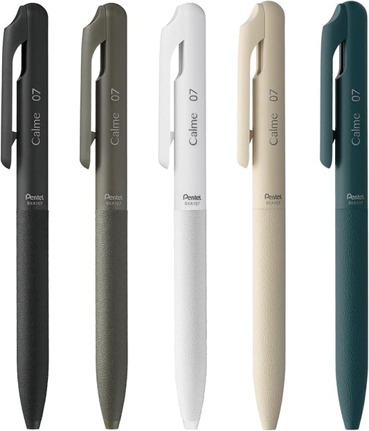 Pentel AMZ-BXA107-5 Calme Oil-Based Ballpoint Pen, 0.03 inches (0.7 mm), Black, Khaki, White, Beige, Turquoise, 5 Pieces