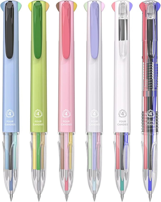Four Candies Multicolor Pens, 4-in-1 Colored Ballpoint Pen, 0.5mm Quick Dry Black Ink Pens Fine Point Smooth Writing Pens, Cute Nurse Pens for Work, 18 Colors, 6PCS