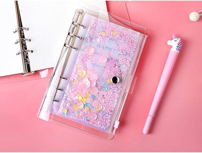 3 Pack A6 6 Holes Binder Pockets Plastic Binder Zipper Folders Waterproof 6 Holes Zipper Loose Leaf Bags Zip Lock Envelope for Documents Notebooks Cards (Sequins Decorate Zip Pocket, A6)