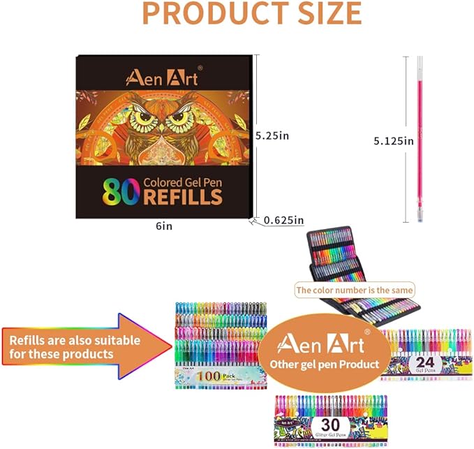 Aen Art Gel Pens Refills for Adult Coloring Books, 80 Unique Colors, 40% More Ink Colored Gel Pens Set