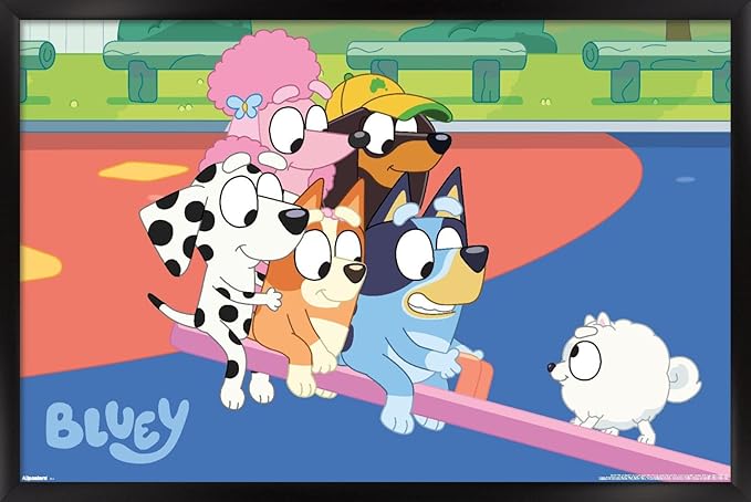 Bluey (2018) - Bluey and Friends See Saw Fun Wall Poster, 34L" x 22.4W", Black Framed Version