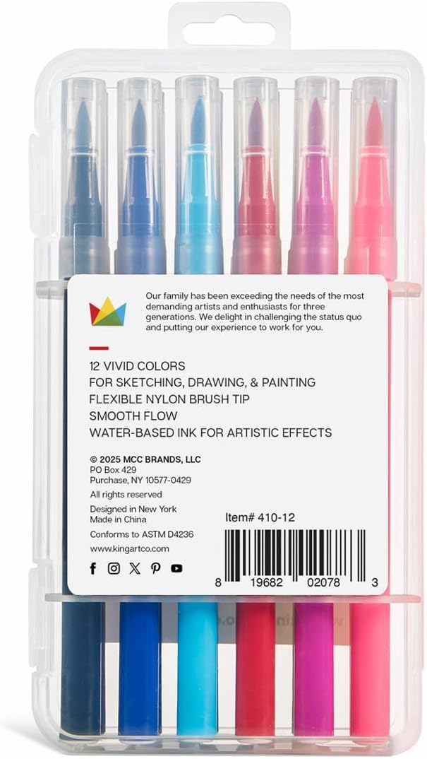KINGART 'Watercolor-Effect' Brush Markers, 12 Colors - Brightly Colored Markers, Journaling, Lettering, Kids and Adult Coloring Books, and More, Convenient Carrying Case