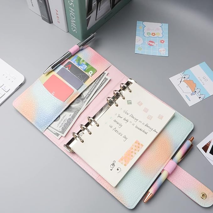 Pink PU Leather Budget Binder Cover, for A6 6-Ring Money Organizer Budgeting Refillable Loose Leaf Receipt Binder Notebook Bookmark Planner Book with Card Pockets Snap Buckle