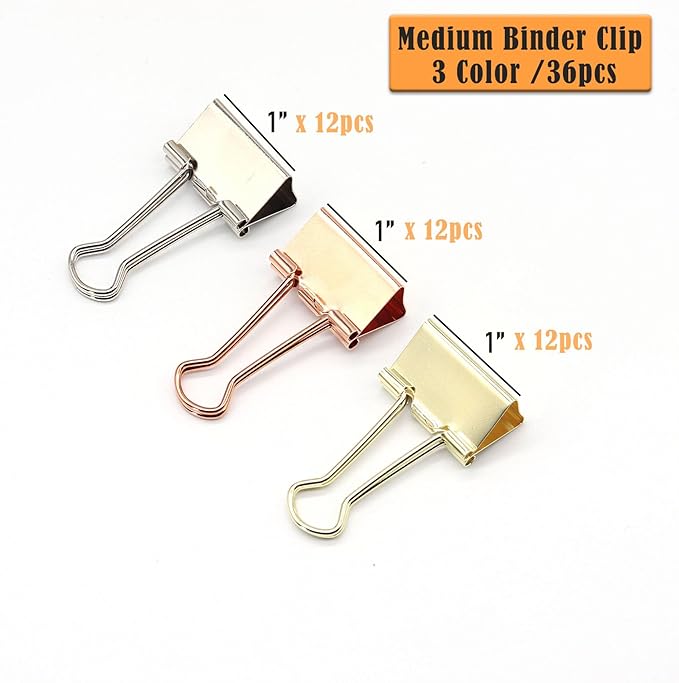 Binder Clips Paper Clamps Paper Clips, 1inch (25mm), 3 Colored Set, 36 Pcs Medium Size Office Clips for Home School and Business