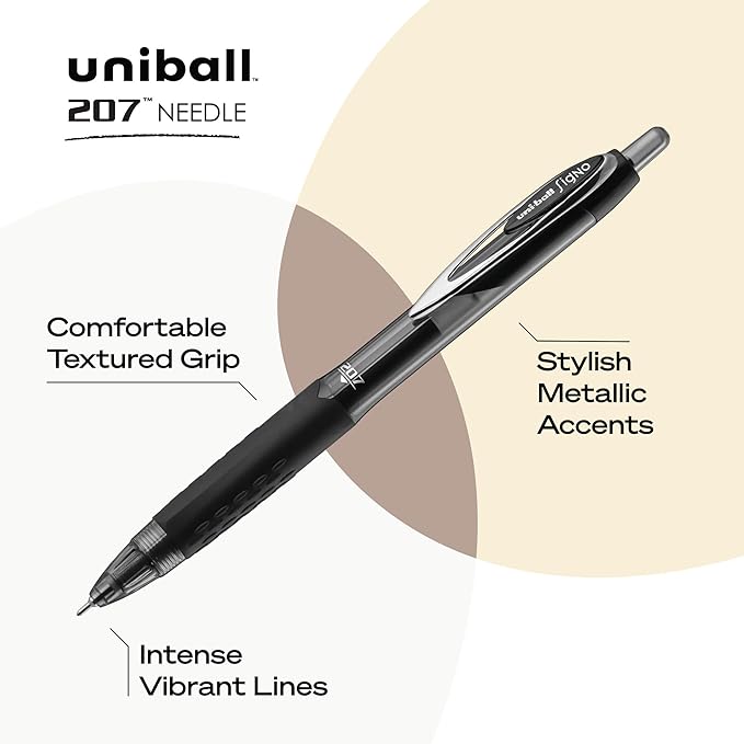 uniball 207 Needle Retractable Gel Pens, Medium Point (0.7mm), Black, 4 Pack