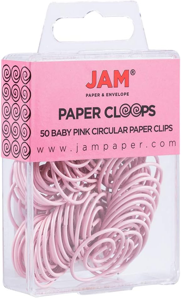 JAM PAPER Circular Paper Clips - Round Paperclips - Baby Pink Pastel - 50/Pack