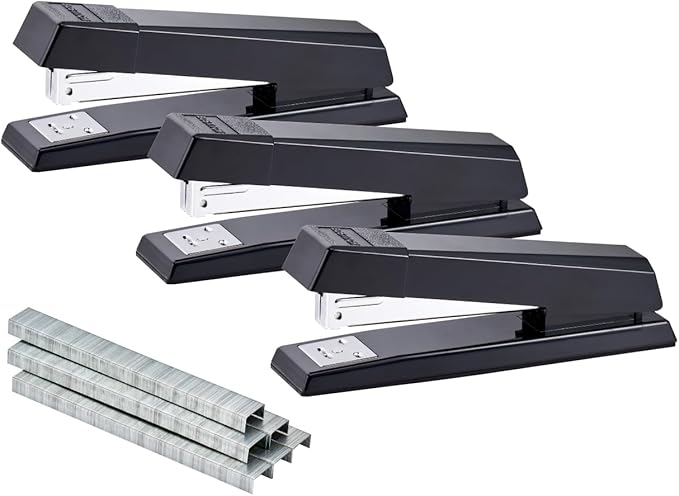 Bostitch Office Stapler, No-Jam Premium for Desktop, Includes 3,750 Staples, Full-Strip, 25 Sheet Capacity, Black, 3 Pack