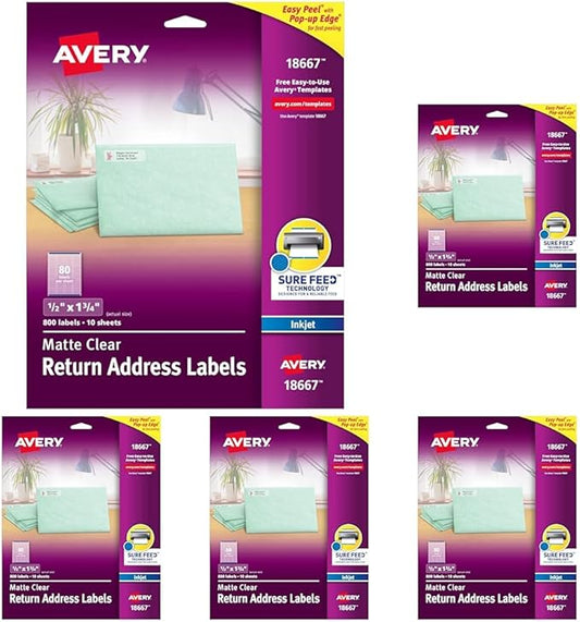 Avery Printable Return Address Labels with Sure Feed, 0.5" x 1.75", Matte Clear, 800 Blank Mailing Labels (18667) (Pack of 5)