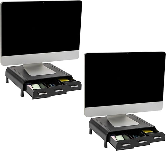 Mind Reader Monitor Stand, 3 Storage Drawers, Desktop Organizer, Riser, Office, 13.5"L x 13"W x 4"H, Set of 2, Black