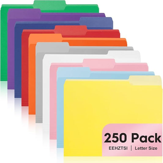 250-Pack Color File Folders, 1/3 Cut Tab, Assorted 10 Colors Letter Size Manilla Folder for School/Office/Classroom