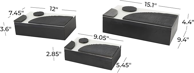 Deco 79 Wood Handmade Decorative Box Decorative Keepsake Boxes with 3D Geometric Accents, Set of 3 Storage Boxes 15", 12", 9"W, Black