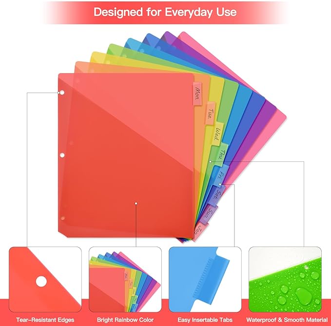 SUIN 8-Tab Insertable Binder Dividers with Double Pockets - Translucent Plastic Page Separators for 3 Ring Binder, Front & Back Storage, Durable Poly, Letter Size, Rainbow Colors, 12-Pack