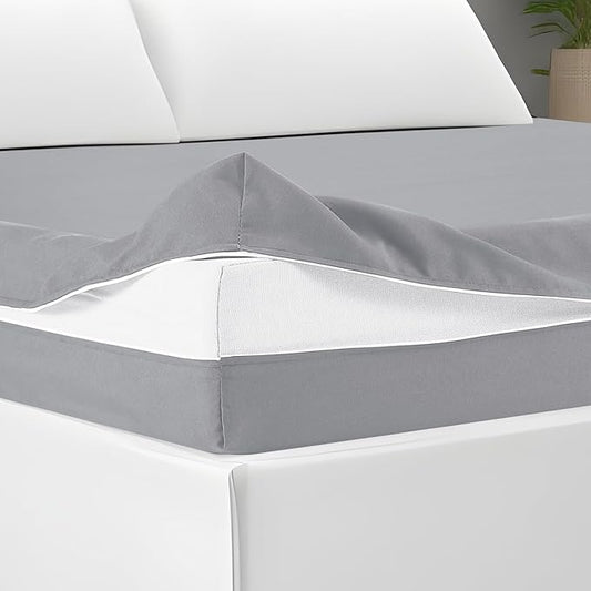 Zippered Mattress Fitted Protector Deep Mattress Encasement Soft Zipper Fitted Sheet Microfiber Bed Sheet Cover for Bed(Light Gray,Queen,12-16in)