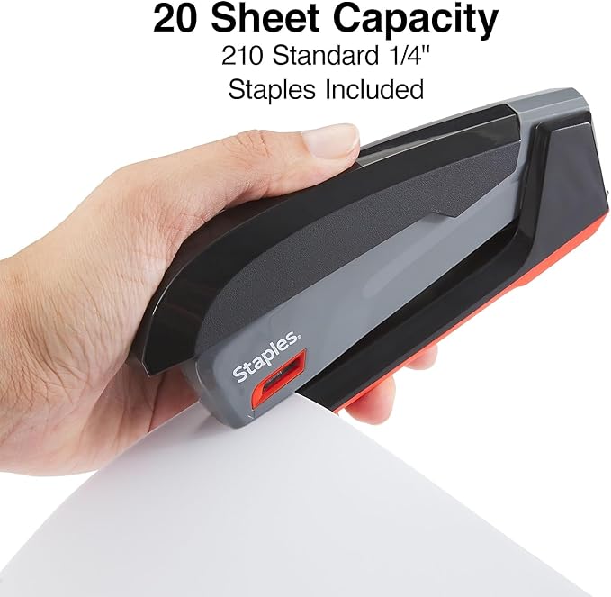 Staples One‑Touch Desktop Stapler, Full‑Strip Capacity, Gray/Black/Red – Smooth‑Press Stapler