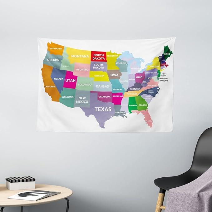 Ambesonne Map Tapestry, USA Map with Name of States in Colorful Design America Geography Cartography Theme, Wide Wall Hanging for Bedroom Living Room Dorm, 60" X 40", Red Yellow
