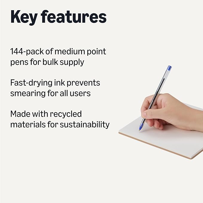 Amazon Basics Ballpoint Pens, Medium Point 1.0mm, Blue Ink, 144-Pack