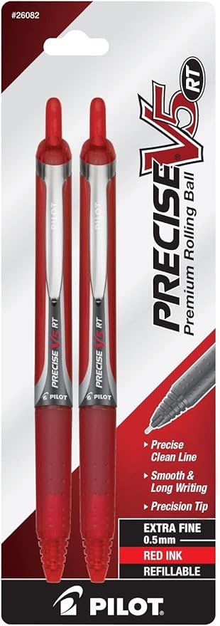 Pilot Precise V5 RT Refillable & Retractable Rollerball Pens, Extra Fine Point Pens 0.5 mm, Red, Pack of 2 - Ideal for School, Journaling & Office Writing