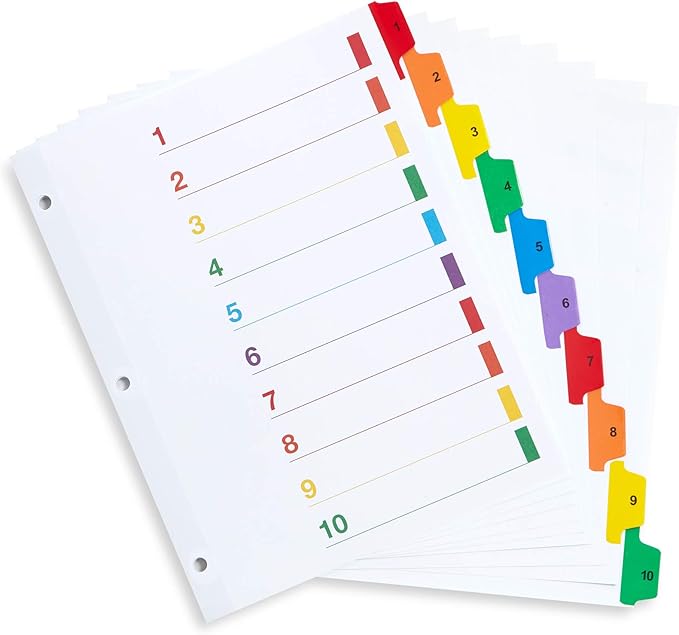Blue Summit Supplies 10 Tab Binder Dividers for 3 Ring Binder or Notebook, Subject Dividers with Multicolor Numbered Tabs, Includes Customizable Table of Contents Index, 6 Sets