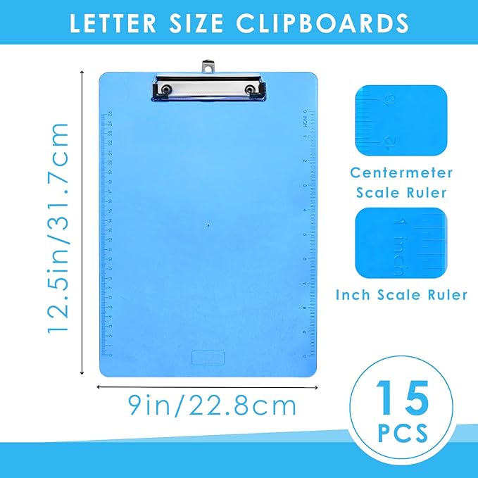 YOUEON 15 Pack Plastic Clipboards, 9" x 12.5" Standard Letter Size, Low Profile Metal Clip, Hanging Loop, Multi-Color Transparent Clip Boards for Office, School, Teacher, Nurse