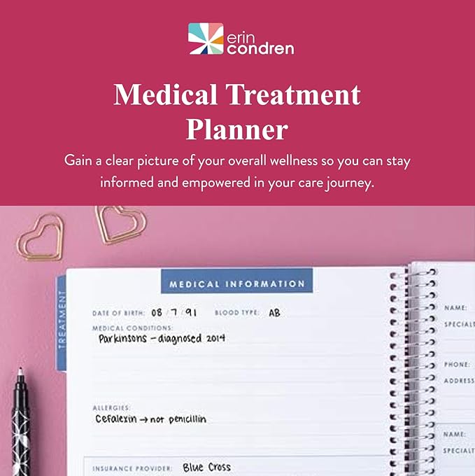 Erin Condren Medical Treatment Planner, 7" x 9" Spiral Coiled Notebook and Prompted Health Tracker, Laminated Cover with Tabbed Sections for Medication Logs, Medical History and Appointment, 160 Pages
