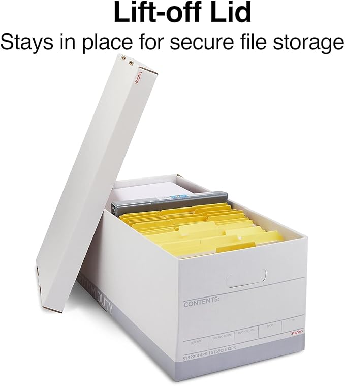 STAPLES Storage & Filing Box, Medium-Duty with Handles & Removeable Lid, Letter Size Documents, Stackable, 12-Pack, White/Gray