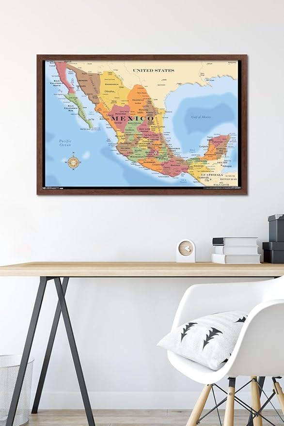 Trends International Map - Mexico Wall Poster, 22.375" x 34", Mahogany Framed Version