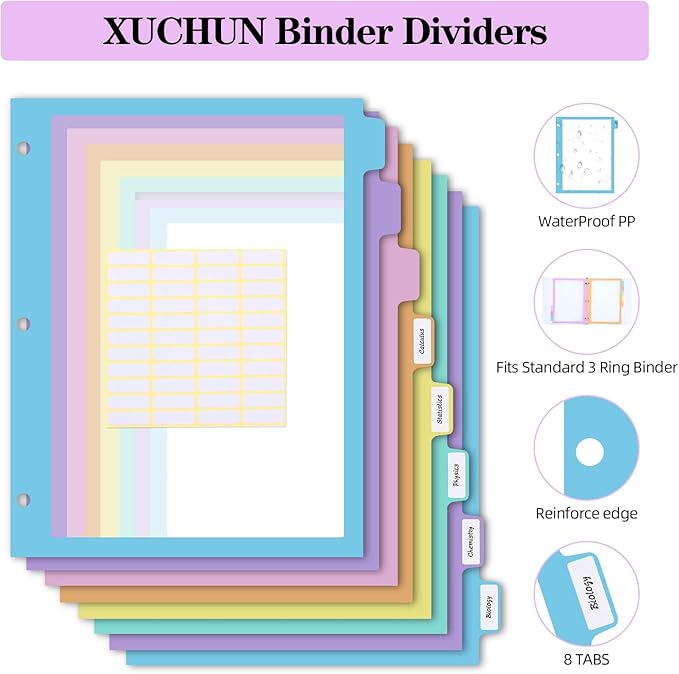 48Pcs/6 Set 8 Tab Dividers, Clear Plastic Binder Dividers with Tabs, for 3 Ring Binder, Letter Size, Multicolor