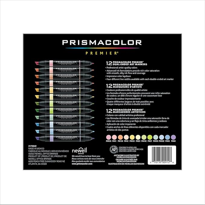 Prismacolor Premier Dual-Ended Art Markers Chisel and Fine Tips Pastel Colors 12 Count Set Ideal for Adult Coloring Books