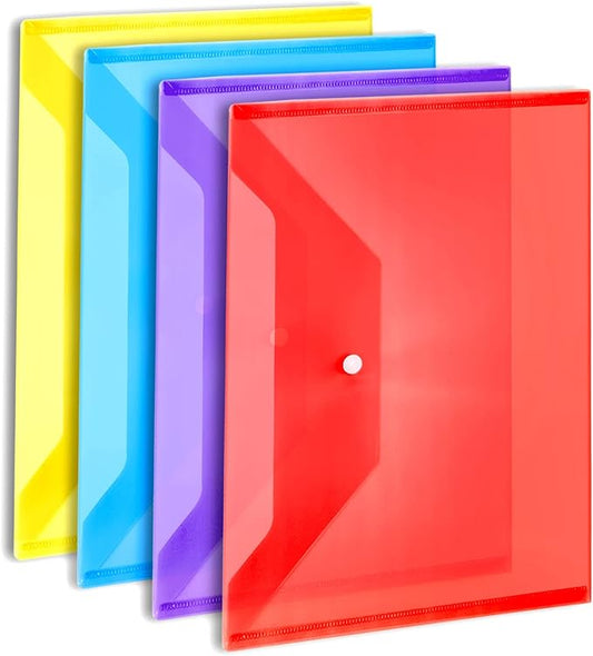 LEOBRO Plastic File Folders for Documents, 4 PCS File Folders, A4 Size Plastic Envelopes with Snap Closure, Clear Envelopes Pouches Folder Organizer Document Holder, Filing Envelopes