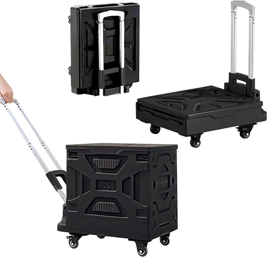 VECELO Rolling Carts with Wheels, Foldable Utility Cart, Light Weight Platform Trucks Dolly, with Recessed Design for Lids, 4 Heavy Duty Wheels, Ideal for Shopping, Camping, Teachers, Elegant Black