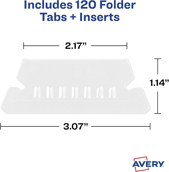 Avery Hanging File Folder Tabs and Inserts, 1/5 Cut, Clear, 20 File Folder Tabs and Inserts Total (06727) (Pack of 2)