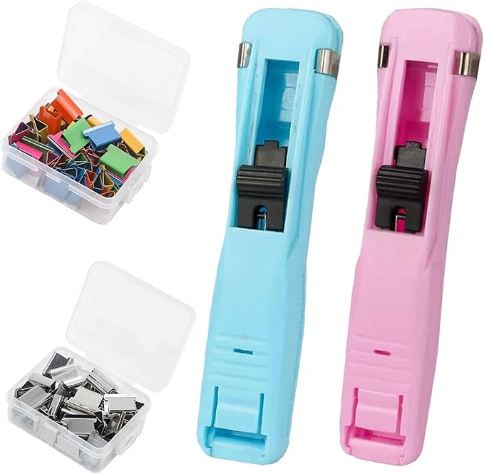 Portable Binder Clip Stapler, Includes 100 Reusable Clips, Handheld Paper Clam Clip Dispenser Large Size, Mini Push Stapler Clamp Staplers for Desktop Document Home School Desk Office(2PCS-B)