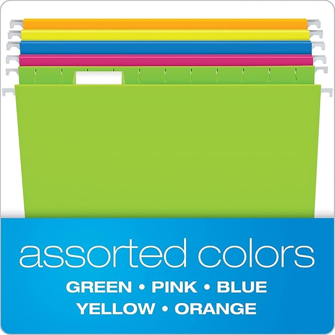 Pendaflex Glow Hanging File Folders, 1/5 Cut, 8 1/2in. x 11in., Letter Size, Assorted Colors, Box Of 25, 81672