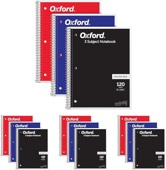 Oxford Spiral Notebooks, 3 Subject, College Ruled Notebooks for School, 8 x 10.5 Inches, 120 Sheets, 2 Dividers, Assorted Colors, Back to School Supplies (65202) (Pack of 12)