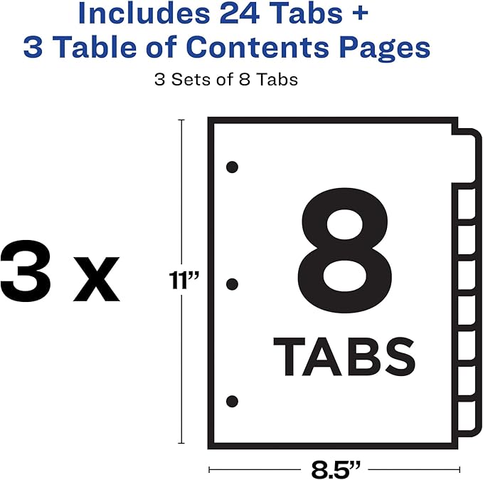Avery Dividers for 3 Ring Binders, 8 Tabs per Set, Customizable Table of Contents, Classic White Tabs, Great for Organizing Reports, Projects, and More (3 Sets of 11076)