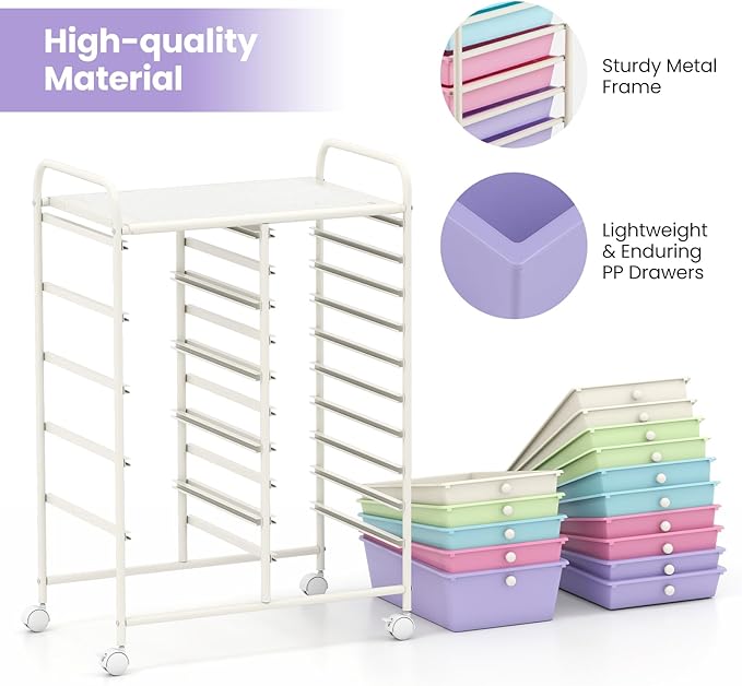 COSTWAY 15 Drawers Rolling Storage Cart, Multipurpose Utility Cart on Wheels w/Lockable Wheels & Removable Drawers, Mobile Tools Scrapbook Paper Organizer for Office School Home, Ice Cream Colorful