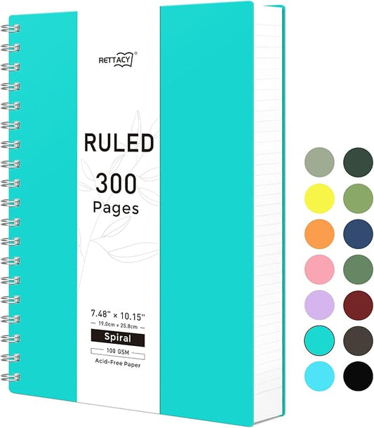RETTACY Spiral College Ruled Notebook, 300 Pages, B5 Medium Size (7.4" x 10"), for School, Work, Writing, Journaling, 100 GSM Thick Paper, Flexible Plastic Cover (Tiffani Blue)