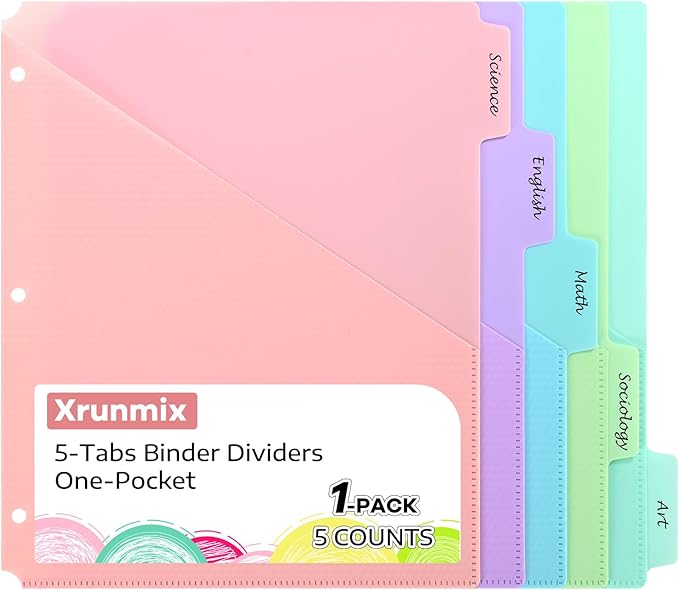 【5 Tabs Dividers with Pockets for 3 Ring Binder, 5 Count Binder Dividers for US Letter Size, Tabbed Dividers for School, Office, and Home Organization, 5 Pastel Colors (1)】