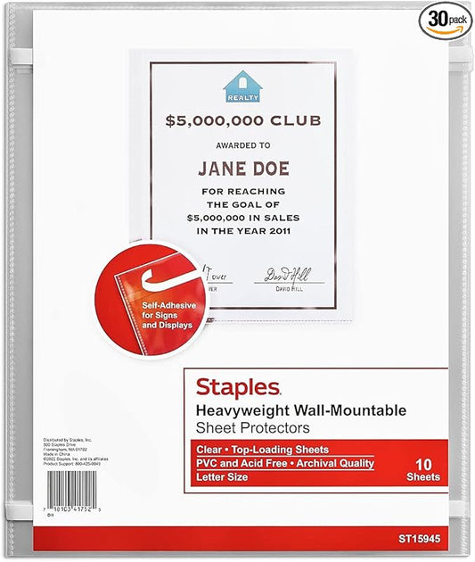 STAPLES Wall-Mountable Sheet Protectors, Letter Size, Diamond Clear Display Sleeves, Reusable Document Holders for Signs & Notices, 30 Pack