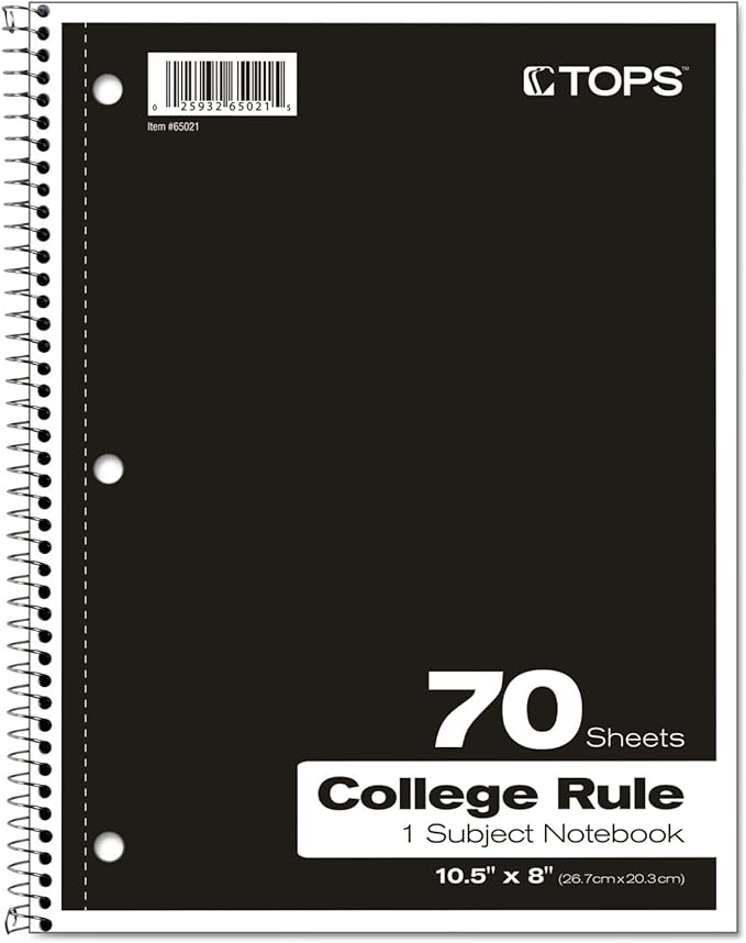 Oxford Spiral Notebook, 1-Subject, College Ruled Paper, 70 Sheets, Color May Vary, 1/Notebook (65021) (Pack of 1)