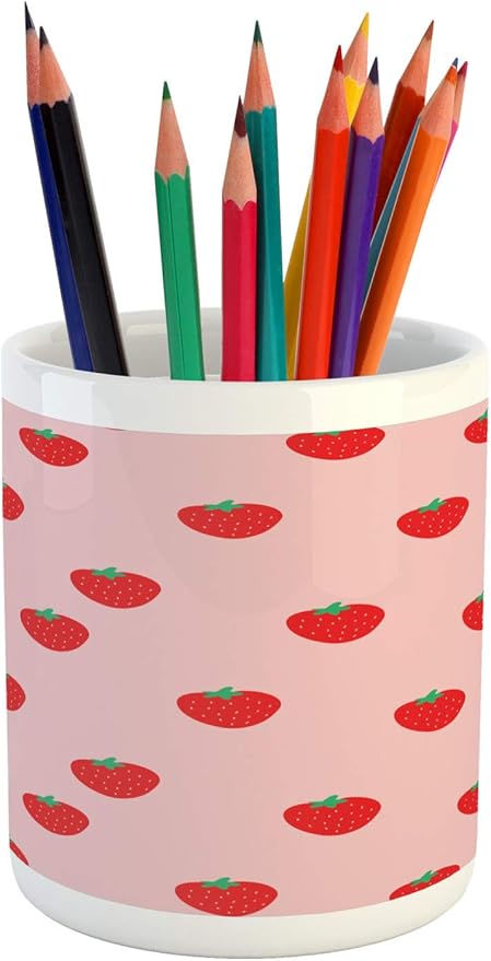 Ambesonne Strawberry Pencil Pen Holder, Continuous Cartoon Style Simplistic Summer Time Strawberries Art, Ceramic Pencil Holder for Desk Office Accessory, 3.6" X 3.2", Rose Dark Pink and Green