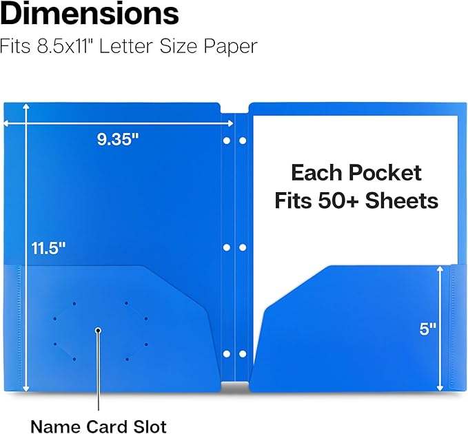 Dunwell Plastic 2-Pocket Folders for 3-Ring Binders, (12 Pack, Assorted Colors) 3 Hole Punched, Divider Folder for Notebook, Durable Poly, Fits 8.5x11 Sheets, Includes Labels