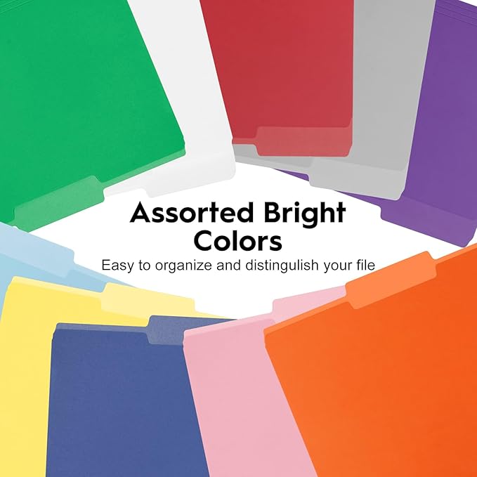 250-Pack Color File Folders, 1/3 Cut Tab, Assorted 10 Colors Letter Size Manilla Folder for School/Office/Classroom