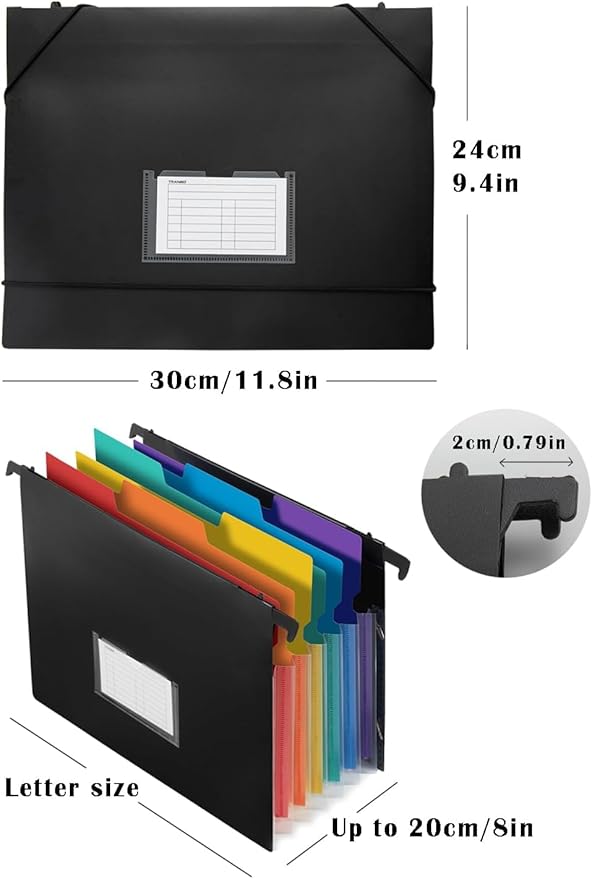 TRANBO 7-Pockets Hanging File Folder with Retractable Hooks for Filing Cabinet, 2 in 1 Expandable Accordion File Organizer with Elastic Band for File Frame or On-The-Go Use (1 Pcs)