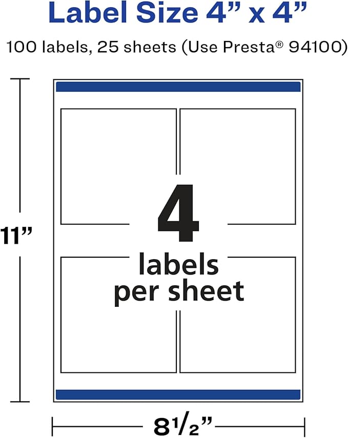 Avery Glossy White Square Labels, Sure Feed Technology, 4" x 4", 100 Glossy White Labels, Permanent Adhesive, Laser/Inkjet Printable