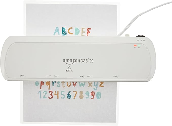 Amazon Basics 9-Inch Thermal Laminator Machine with Quick Warm-Up, 2 Heat Settings, Jam Release for Documents and Photos, White