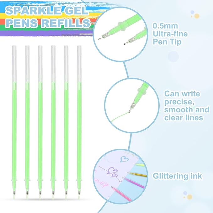 PATIKIL 0.5mm Gel Pens Refills, 24 Pack Glitter Gel Pens Sparkle Metallic Ink Fine Point Colored Refill Set for Adults Coloring Books Journaling Scrapbooking Art Drawing, Green
