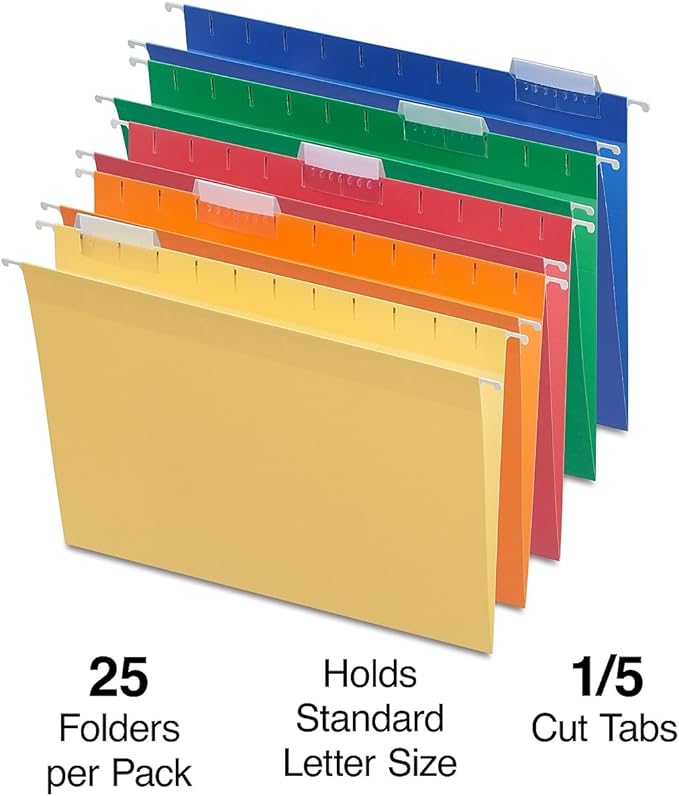 Staples Hanging File Folders, Letter Size, 1/5‑Cut Tabs, Assorted Colors, Adjustable Tabs with Paper Inserts – 25/Pack